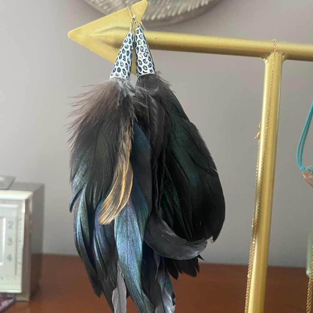 Custom designed black iridescent feather earrings